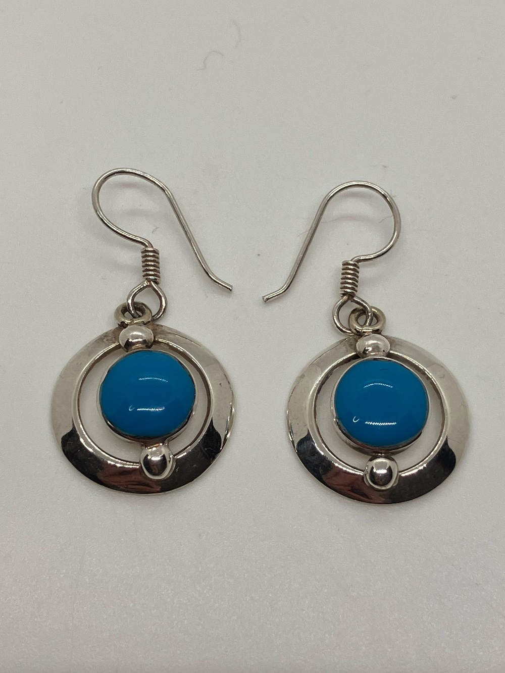 Vtg 925 Taxco Turquoise Circle Drop Dangle Earrings Sterling Silver